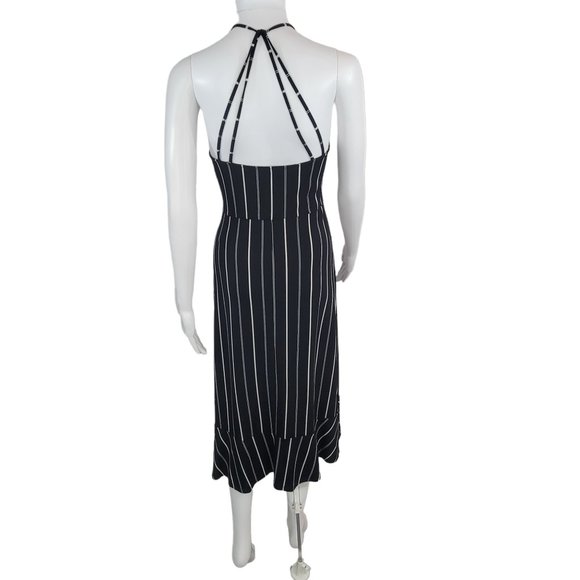 Express Black & White Striped Spaghetti Strap Halter Midi Ruffle Dress Sz L - Picture 5 of 7